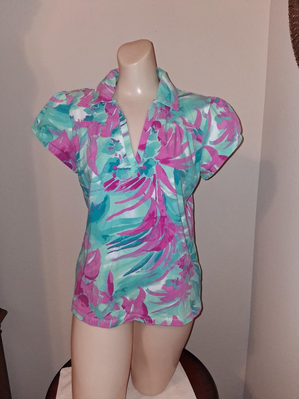 Caribbean Joe Tropical Floral Polo Blouse in Aqua & Pink